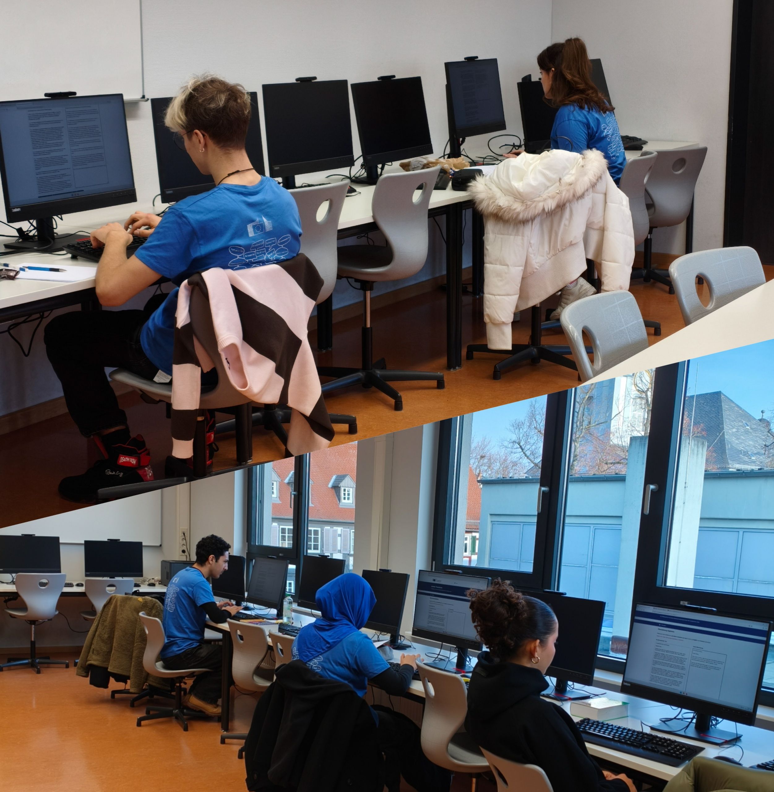 Das Foto zeigt die fünf Teilnehmenden am Übersetzungswettbewerb bei ihrer konzentrierten Arbeit.