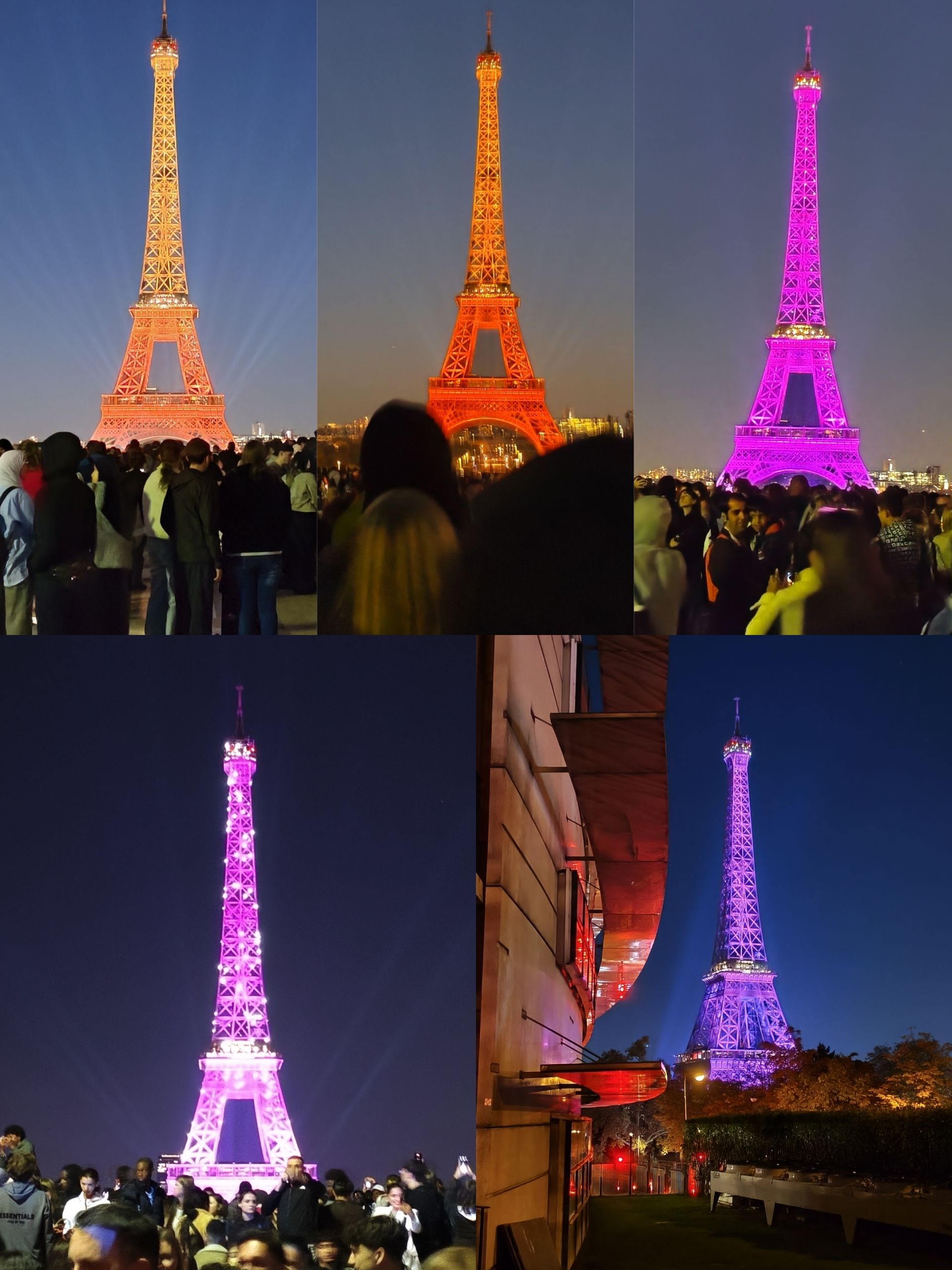 2026-01-20_KN_Studienfahrt Paris Collage Eiffelturm Das Bild zeigt eine Collage verschiedenfarbiger Anstrahlungen des Eiffelturms.