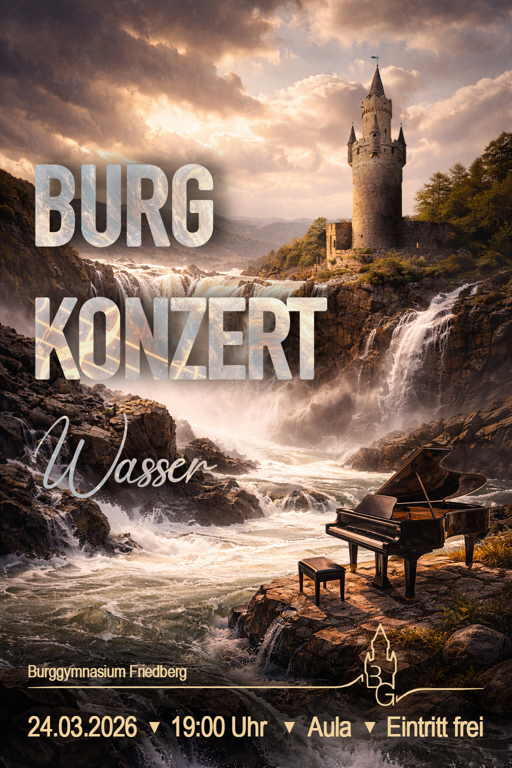 Das Bild zeigt das Ankündungsplakat des Burgkonzerts "Wasser".