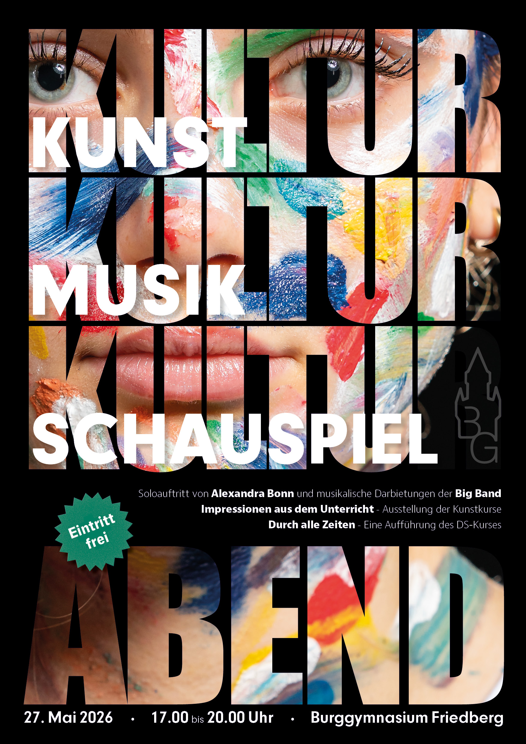 2026-03-25_LP_Kulturabend-Plakat-2026 Dieses Bild zeigt das Veranstaltungsplakat für den Kulturabend des Burggymnasiums.