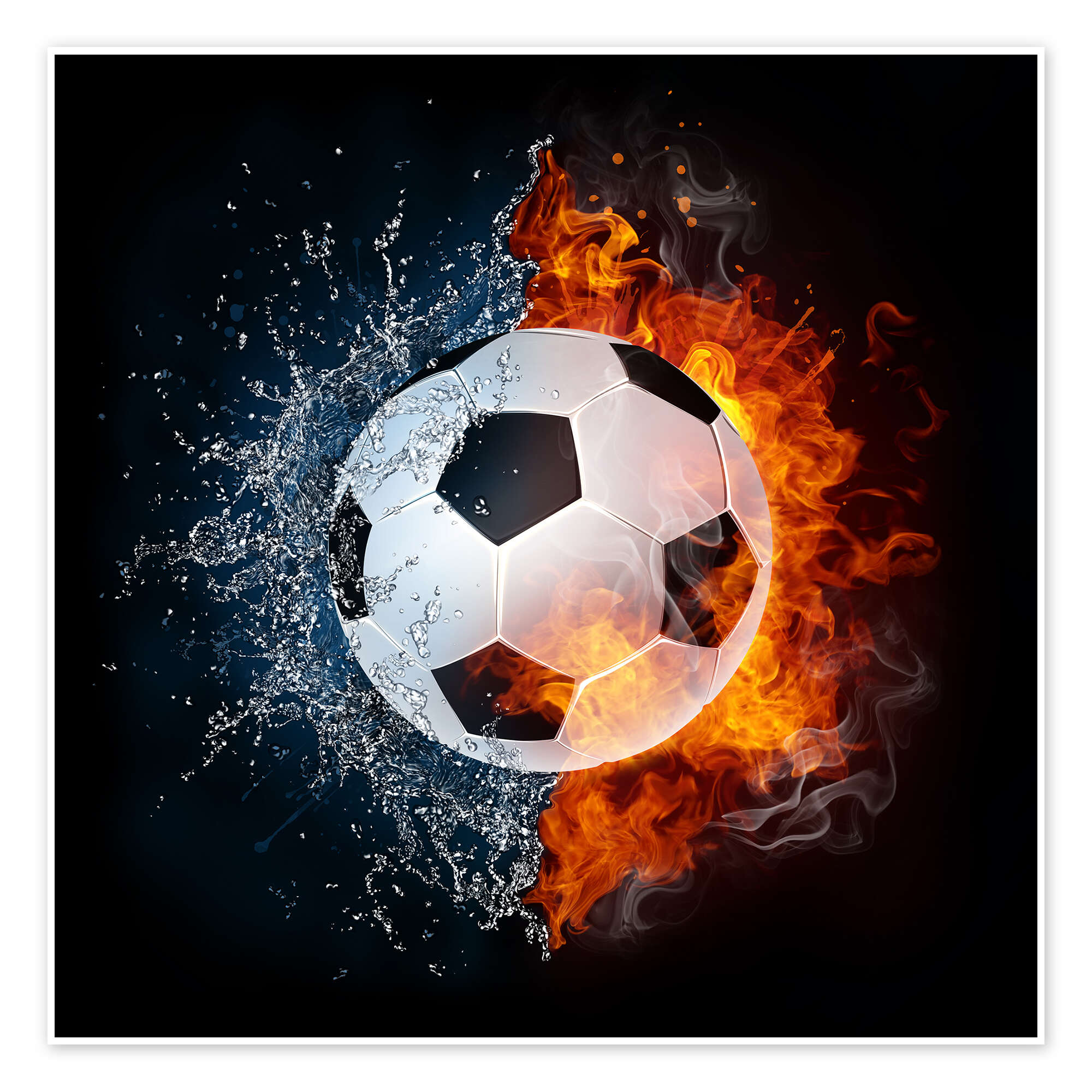 Schwarz-weißer Fußball zwischen spritzendem Wasser links und orangefarbenen Flammen rechts vor schwarzem Hintergrund.